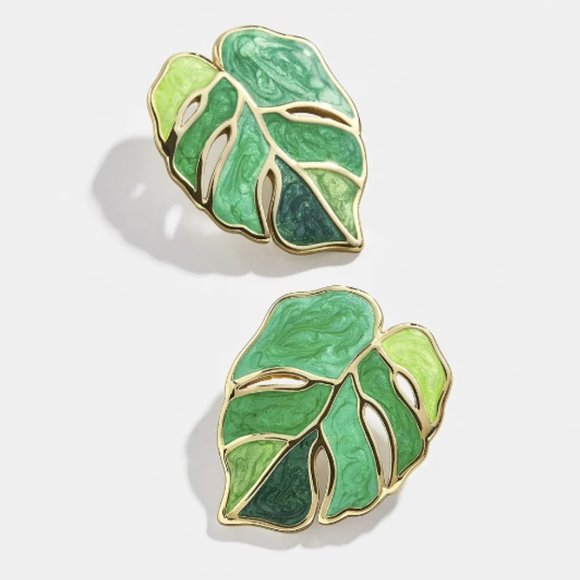 chichigems Jewelry - Green & Gold Bohemian Monstera Leaf Palm Tree Leaf Marble Painted Stud Earrings